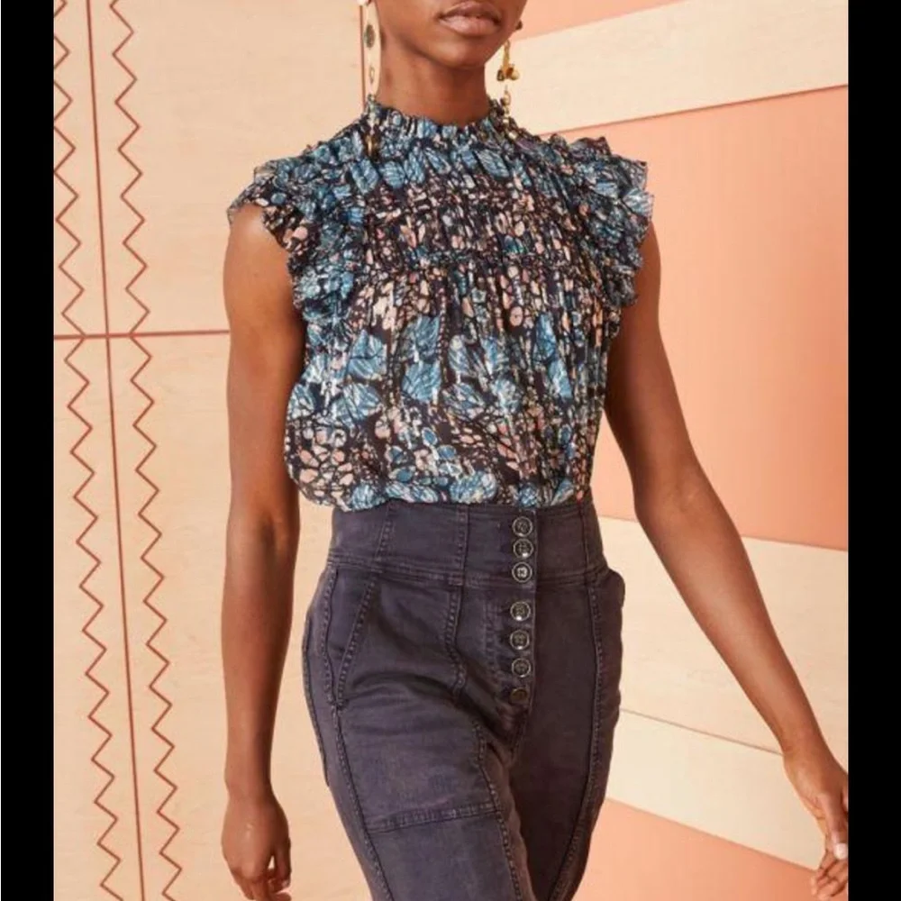 Ulla Johnson Blue and Black Floral Nicola Blouse - Picture 1 of 6